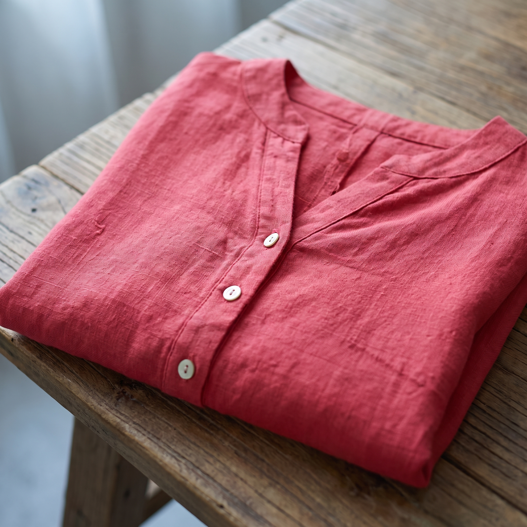 Close-up of the Veronique blouse fabric weave and shell buttons in watermelon pink