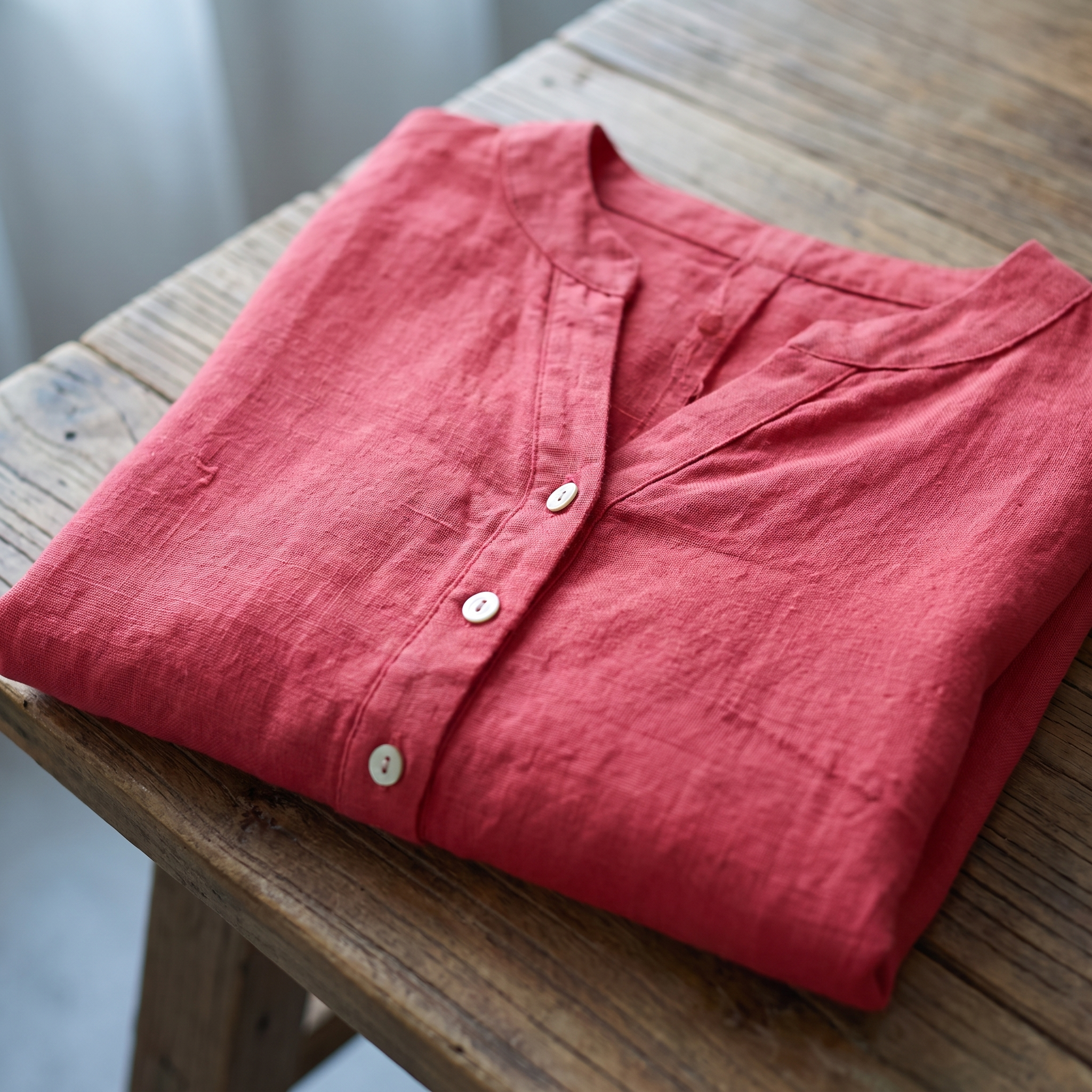 Close-up of the Veronique blouse fabric weave and shell buttons in watermelon pink