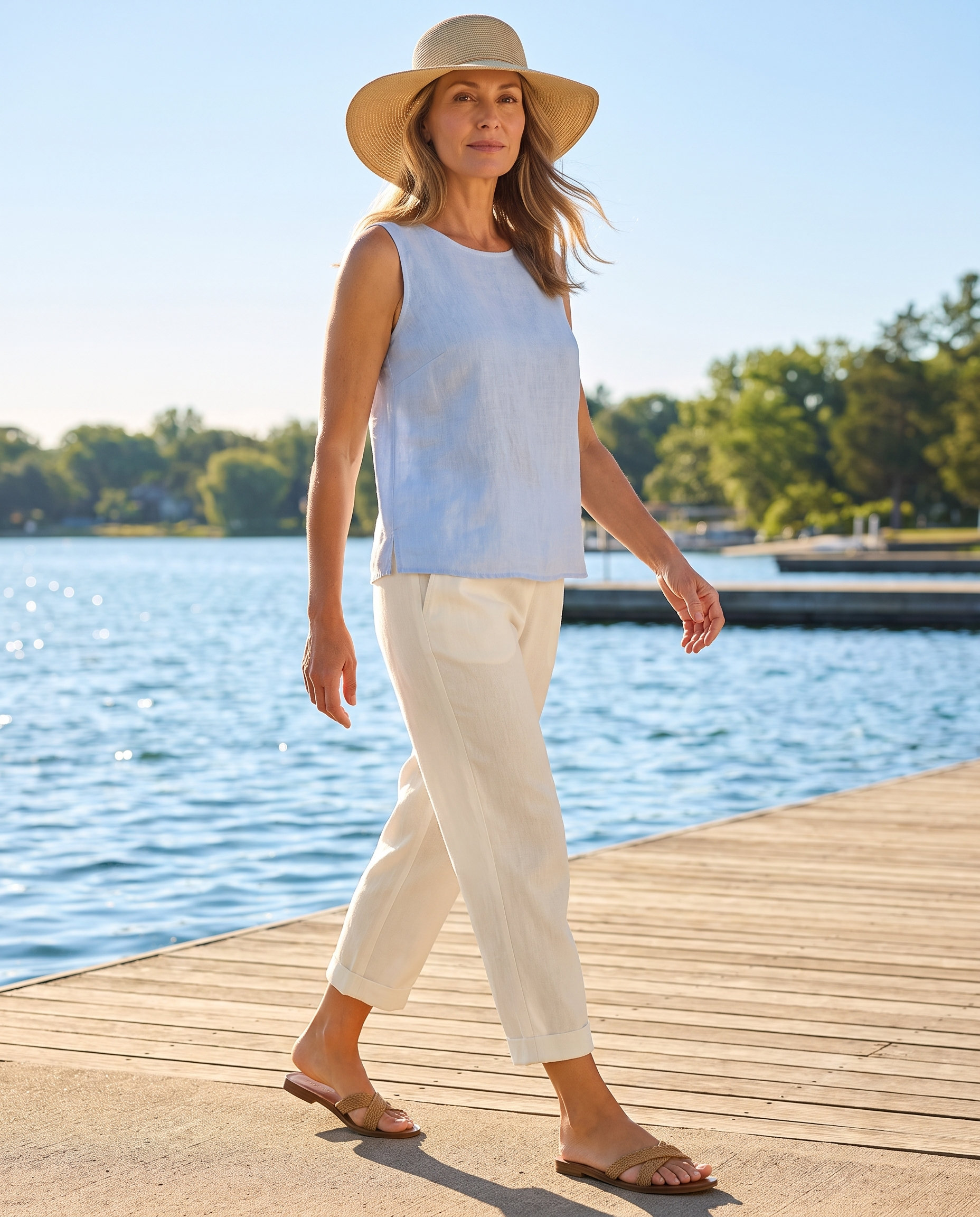 Woman wearing Clementine lightweight trousers in cream on a sunny waterfront boardwalk