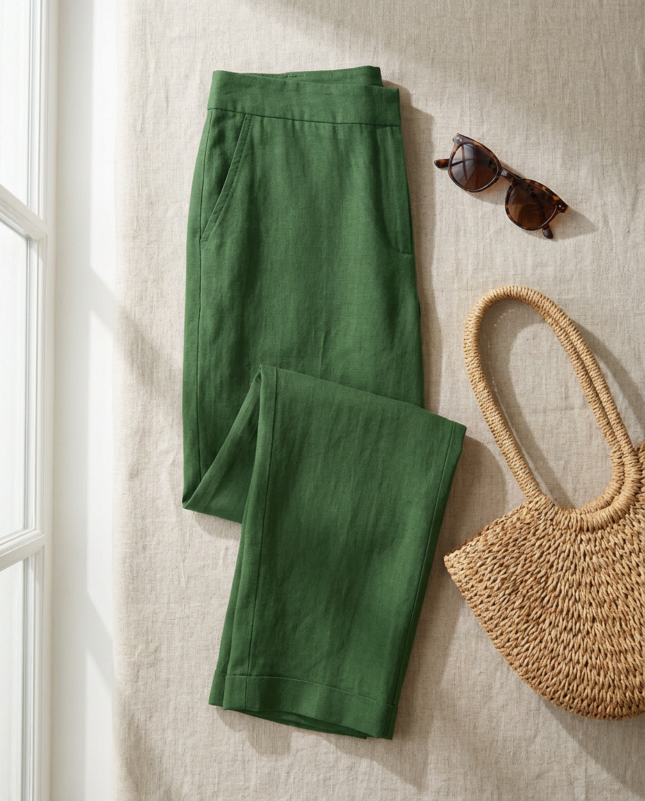 Clementine trousers in green styled flat-lay with straw bag and sunglasses