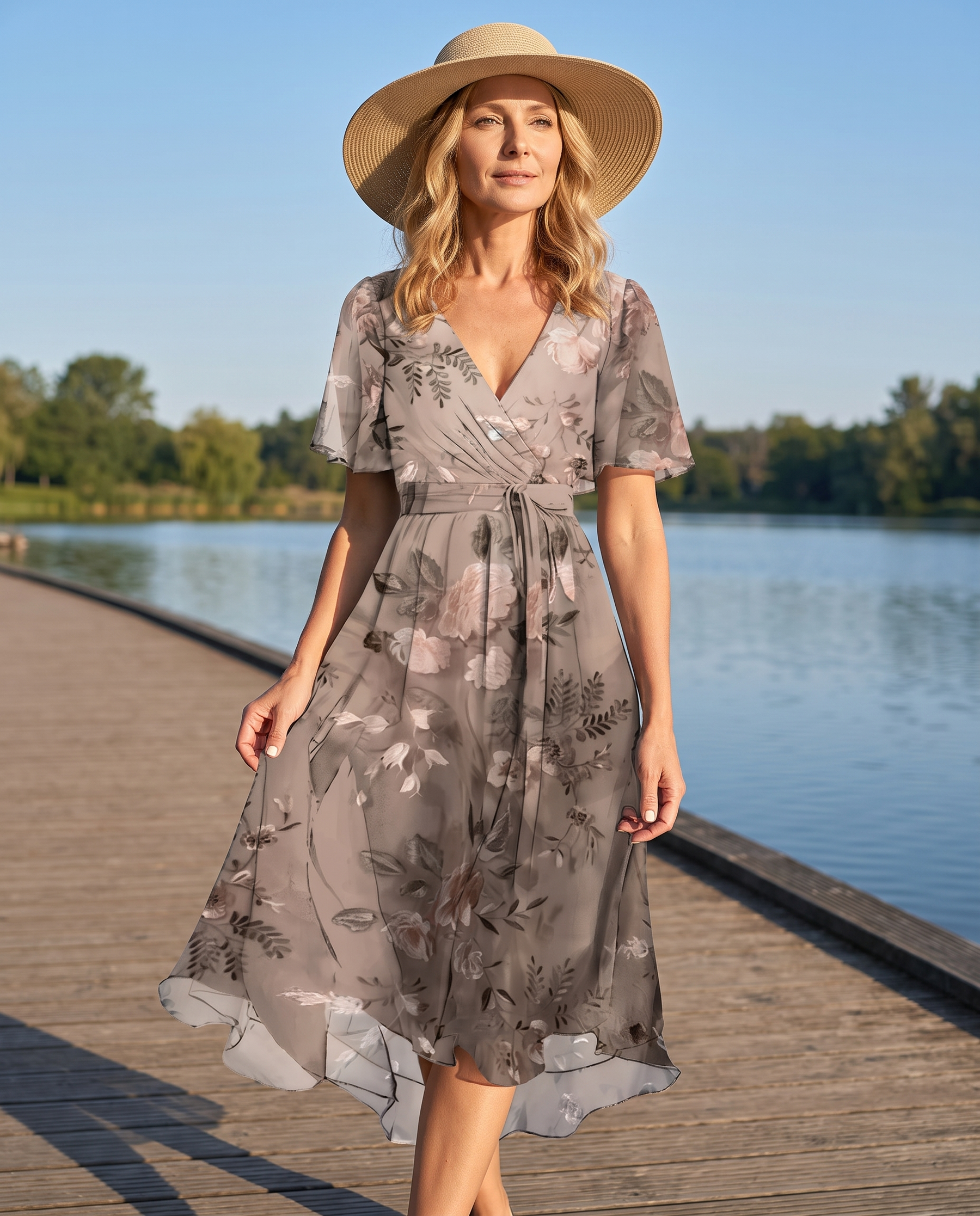 Woman wearing the Lavina Vibrant Boho Midi Dress on a waterfront boardwalk