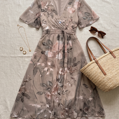 Lavina Vibrant Boho Midi Dress flat-lay styled with straw bag and sunglasses