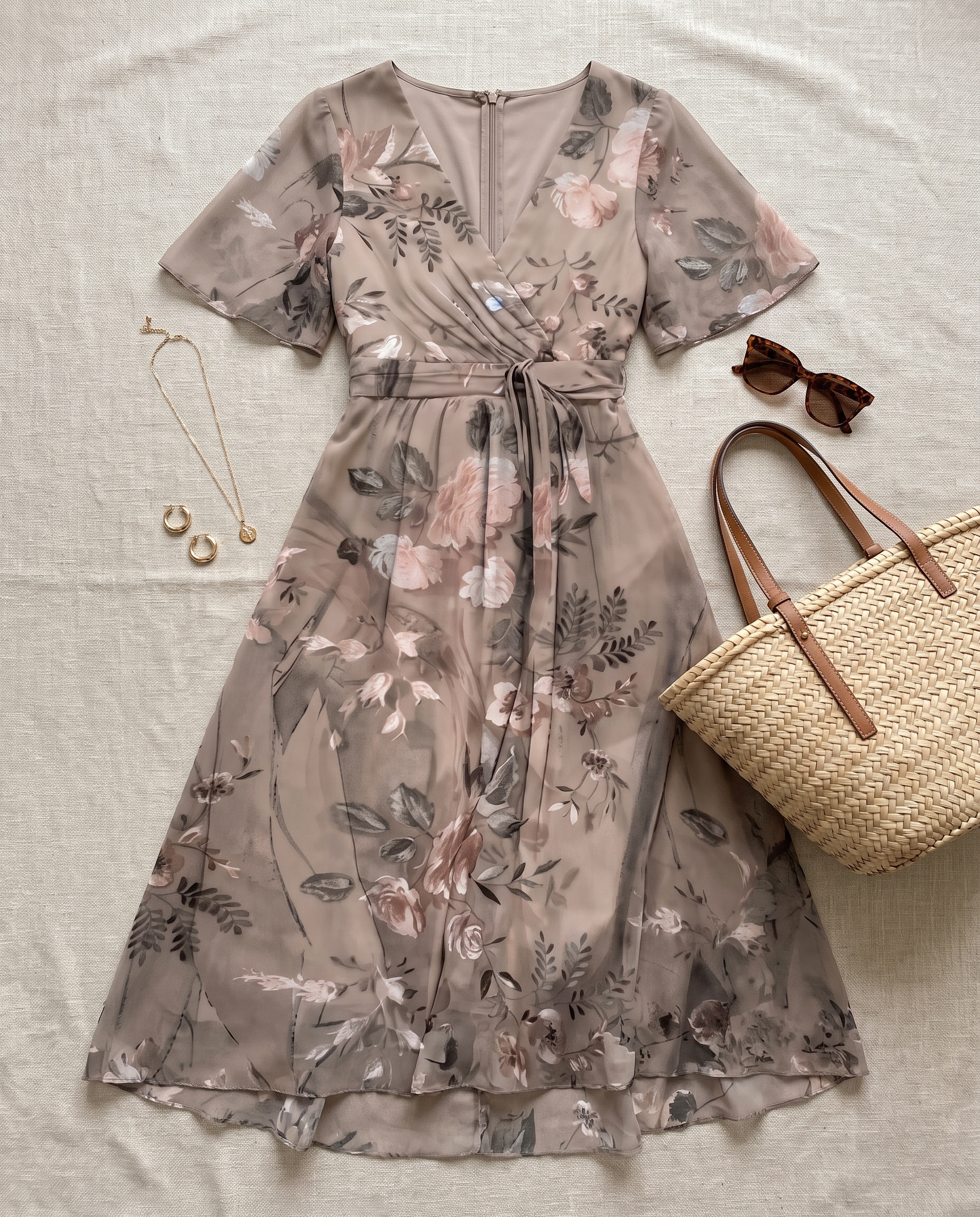 Lavina Vibrant Boho Midi Dress flat-lay styled with straw bag and sunglasses