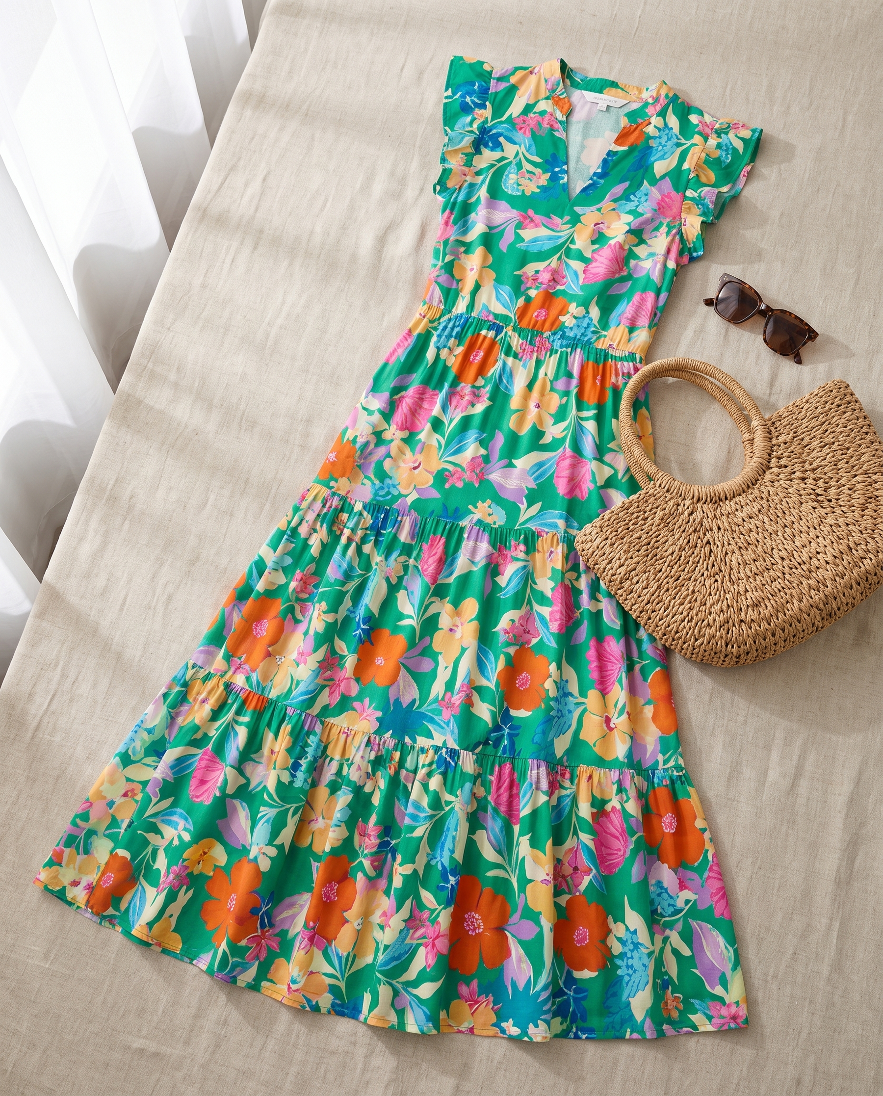 Lila floral tiered midi dress green flat-lay styled with straw bag and sunglasses