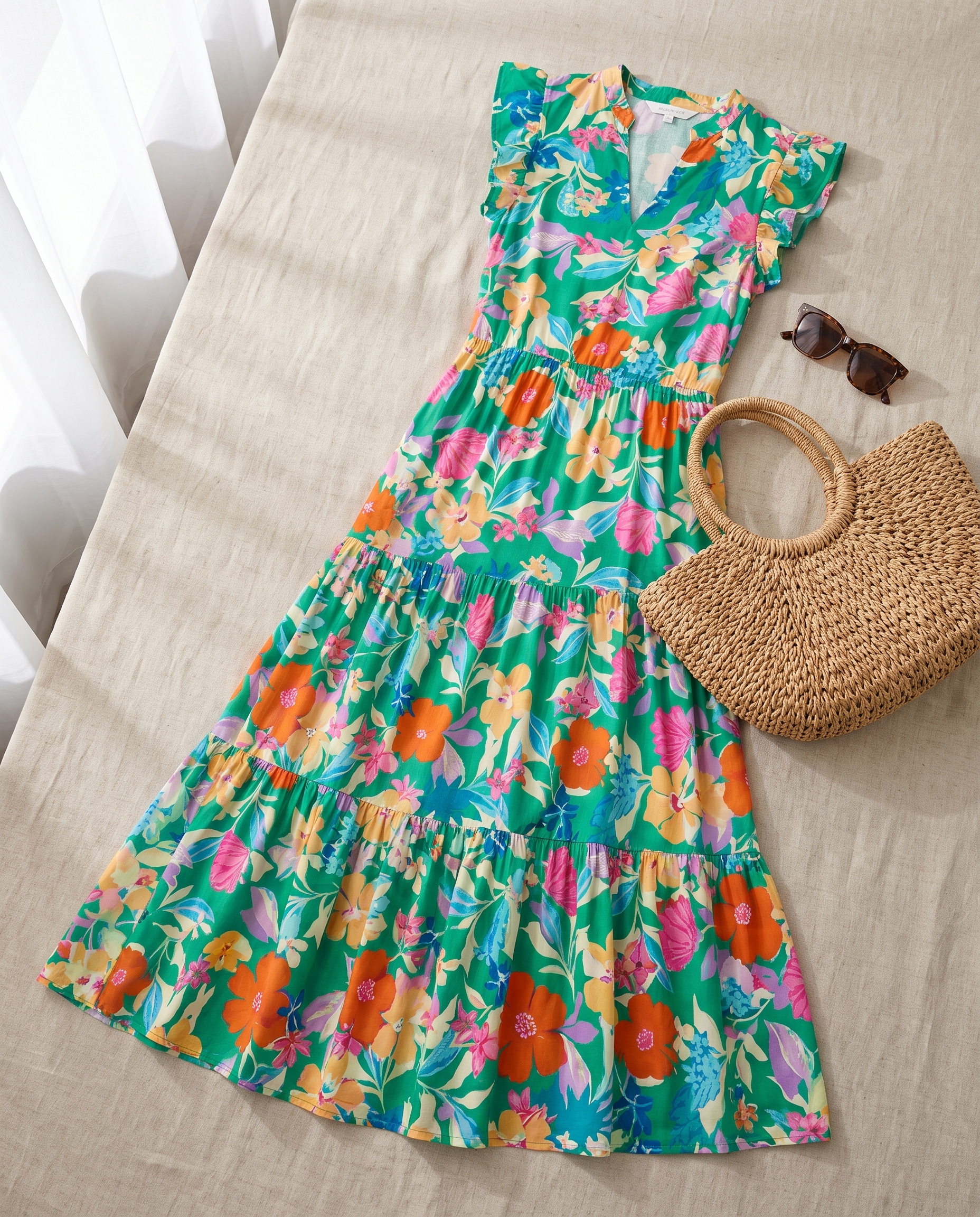 Lila floral tiered midi dress green flat-lay styled with straw bag and sunglasses