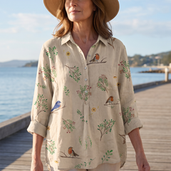 Woman wearing the Lorelai shirt outdoors