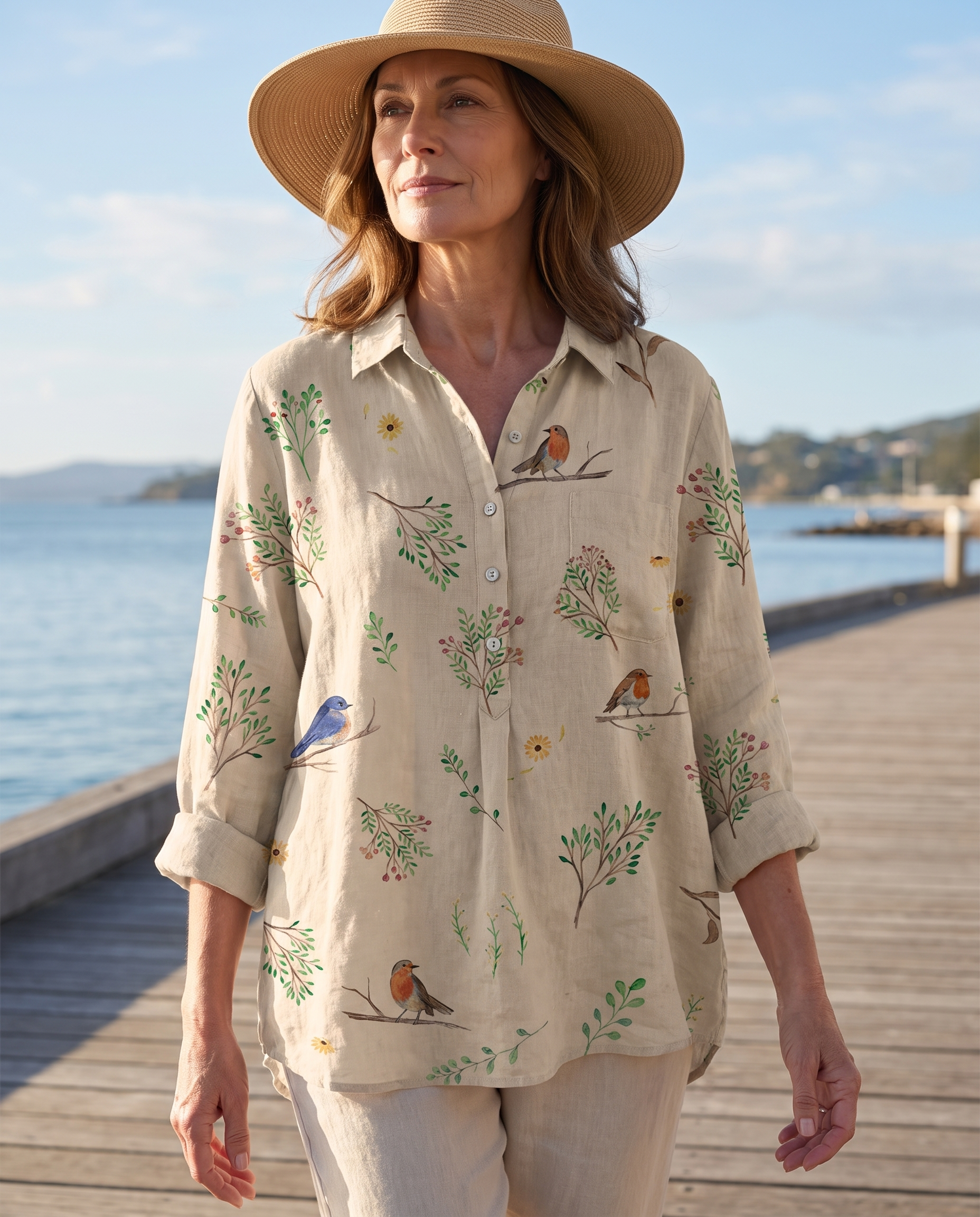 Woman wearing the Lorelai shirt outdoors