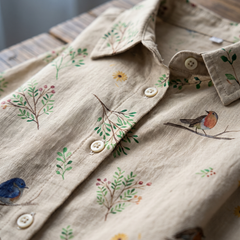 Boughs and robin birds print fabric detail