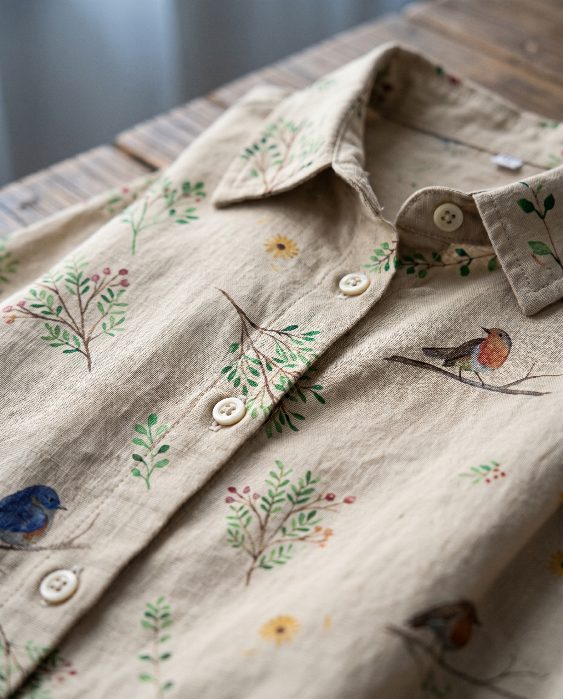 Boughs and robin birds print fabric detail