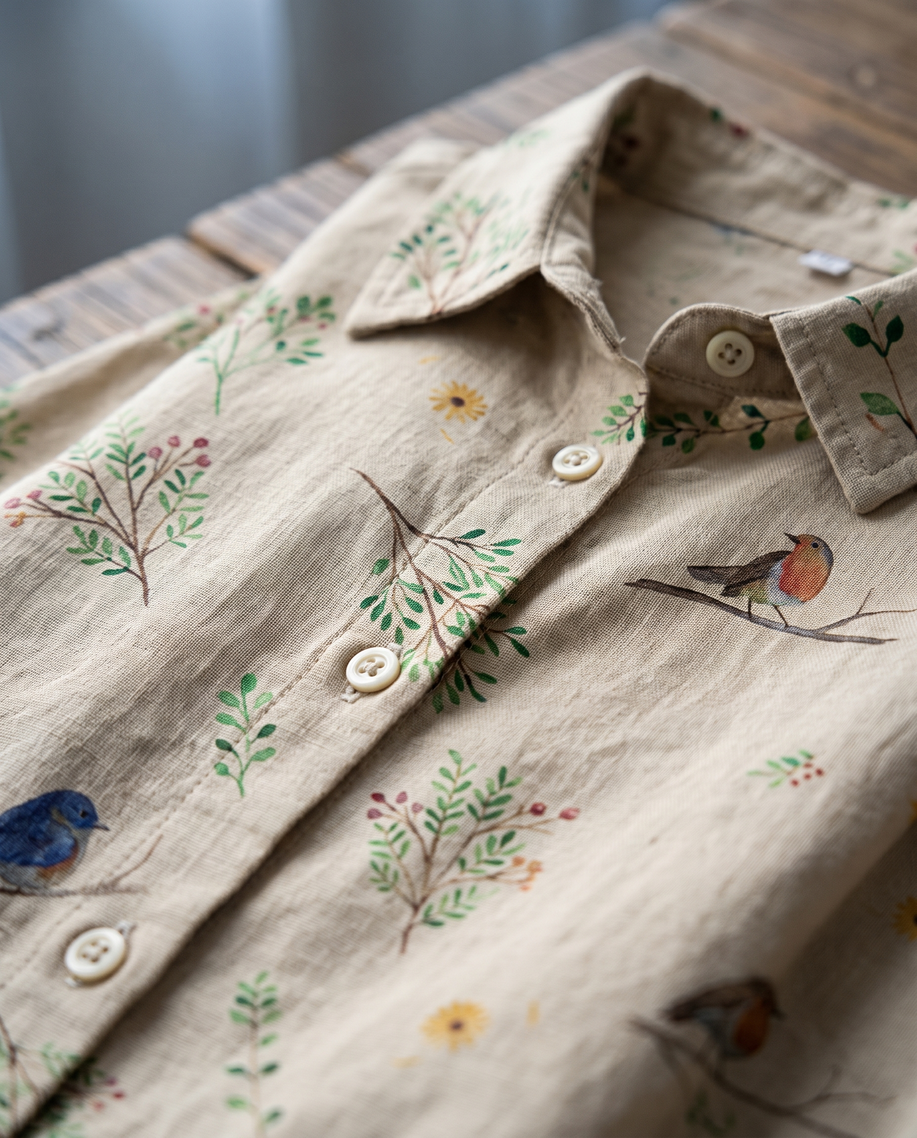 Boughs and robin birds print fabric detail
