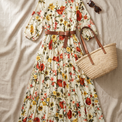 Odelia floral maxi dress - styled flat-lay with straw bag