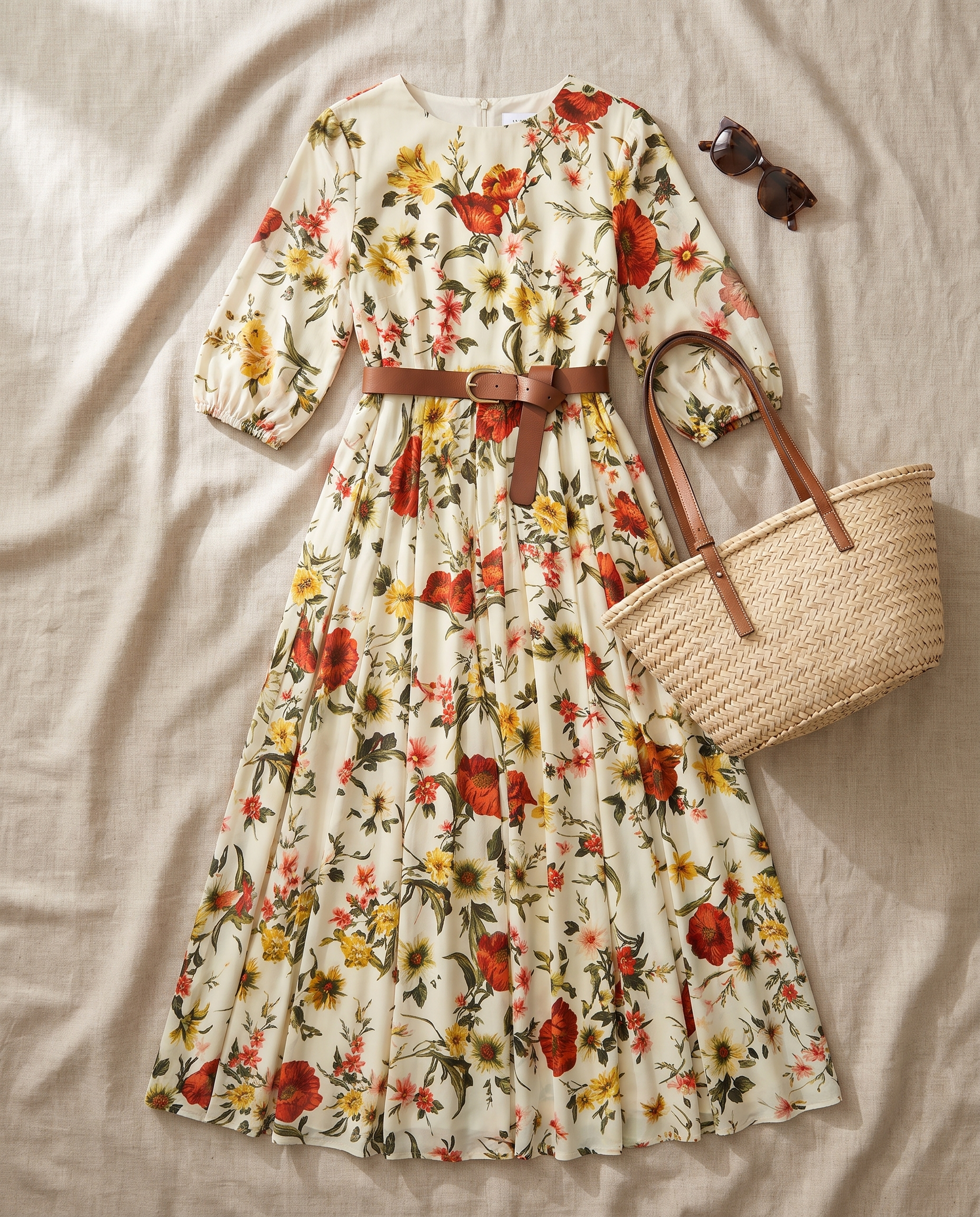 Odelia floral maxi dress - styled flat-lay with straw bag