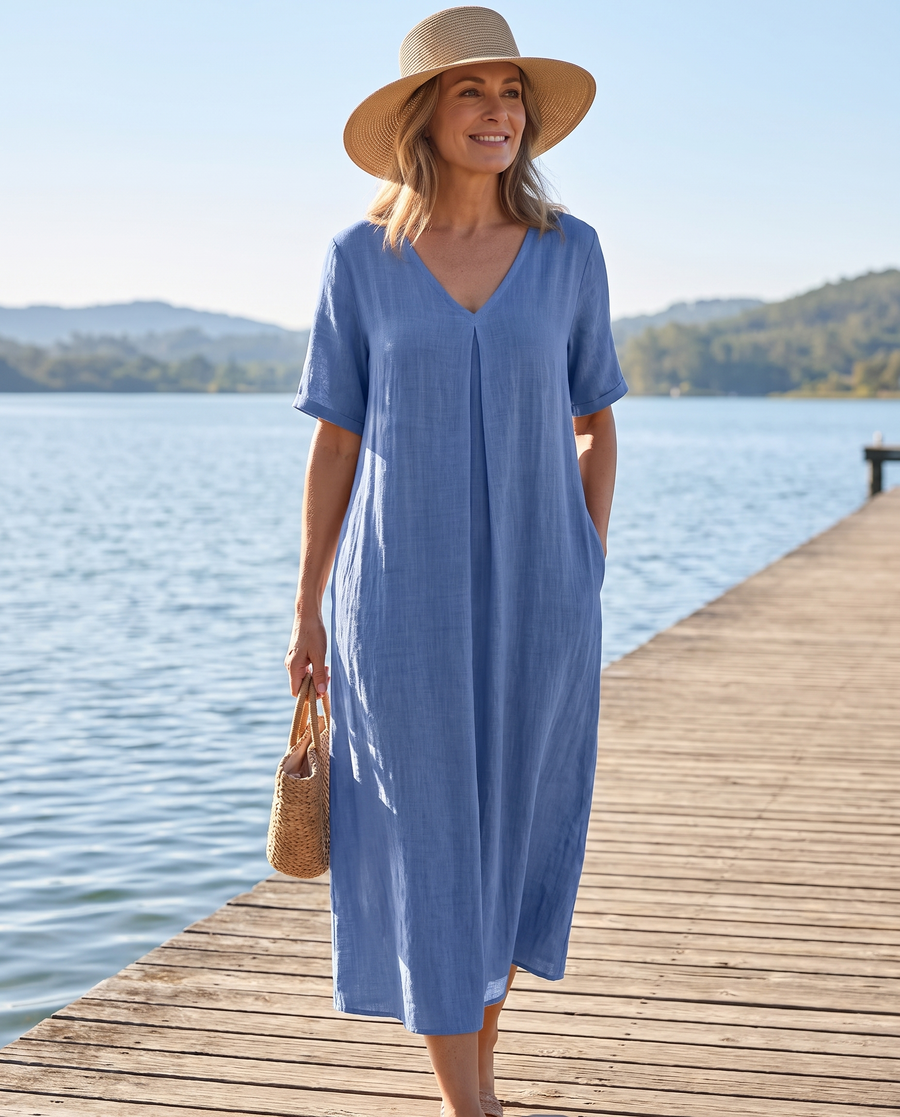 Wrenley maxi in blue on a waterfront boardwalk