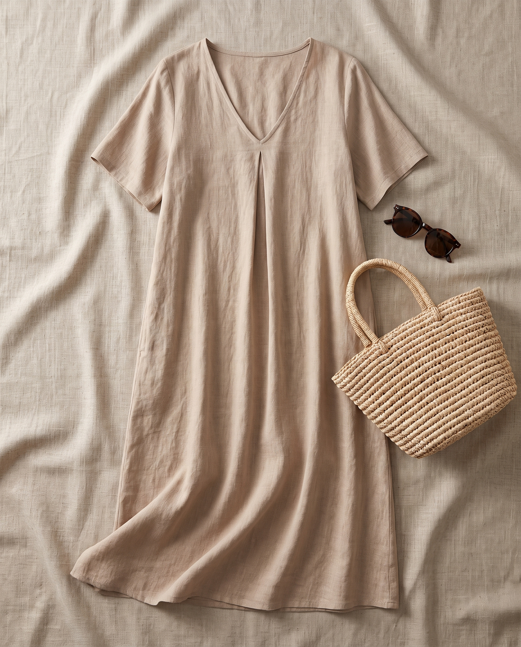 Wrenley maxi in beige styled as a flat-lay with straw bag