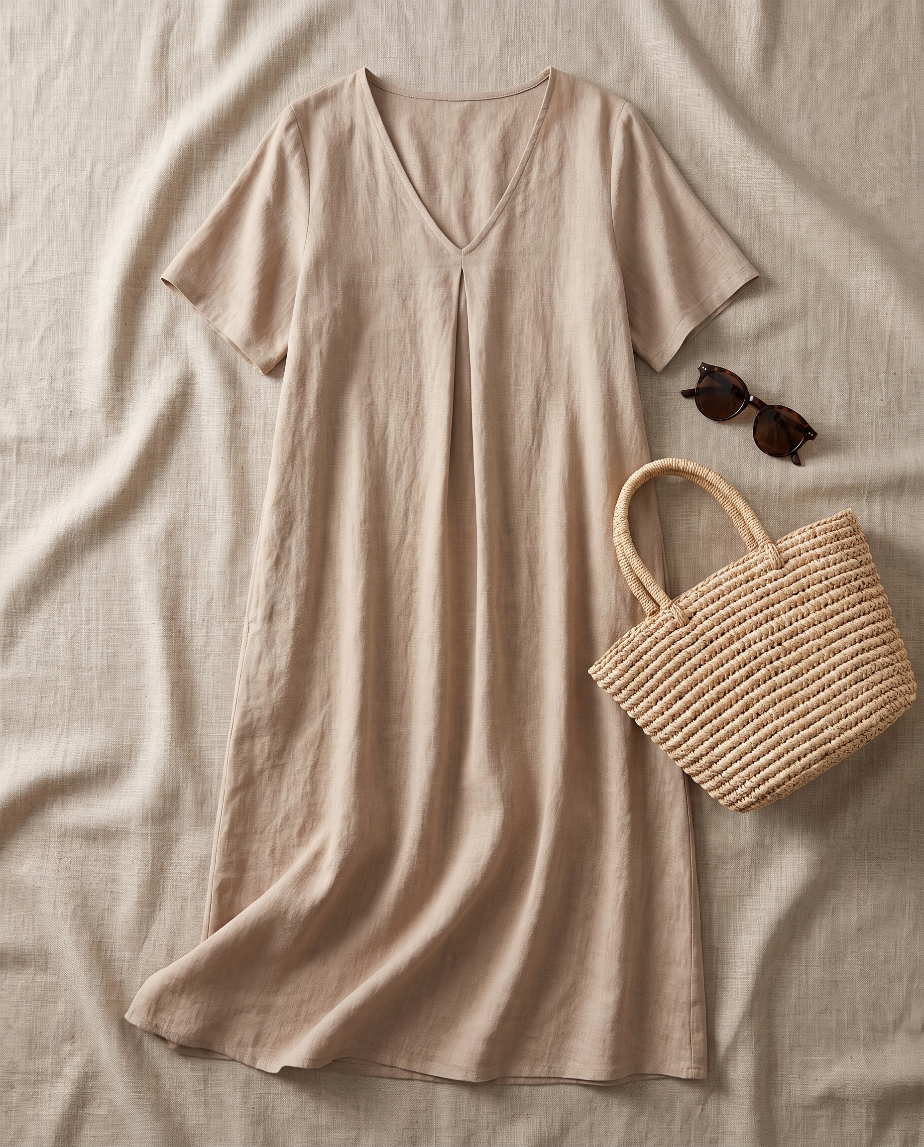 Wrenley maxi in beige styled as a flat-lay with straw bag