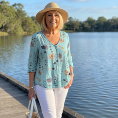 Alisa blouse worn on a waterfront walk