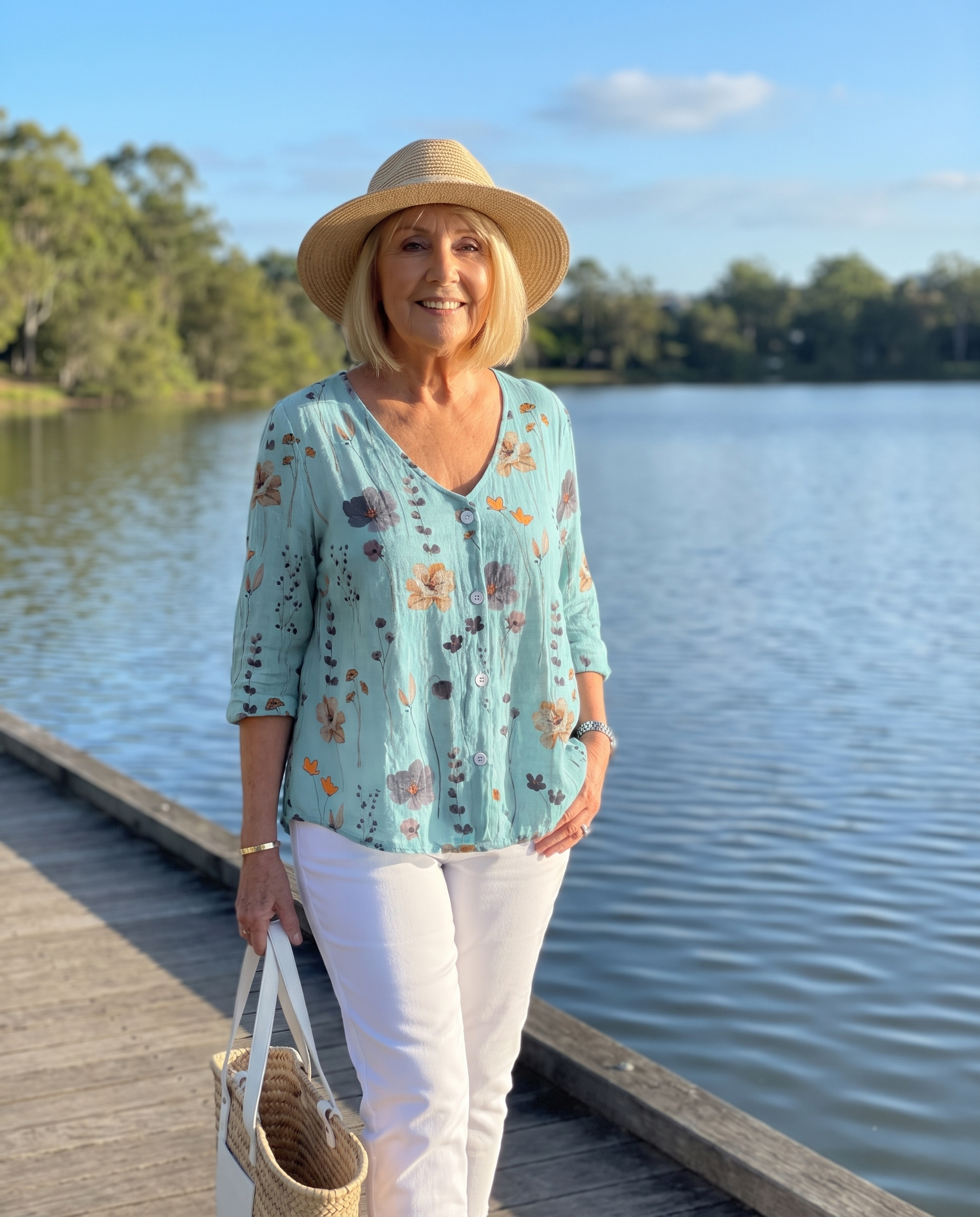 Alisa blouse worn on a waterfront walk