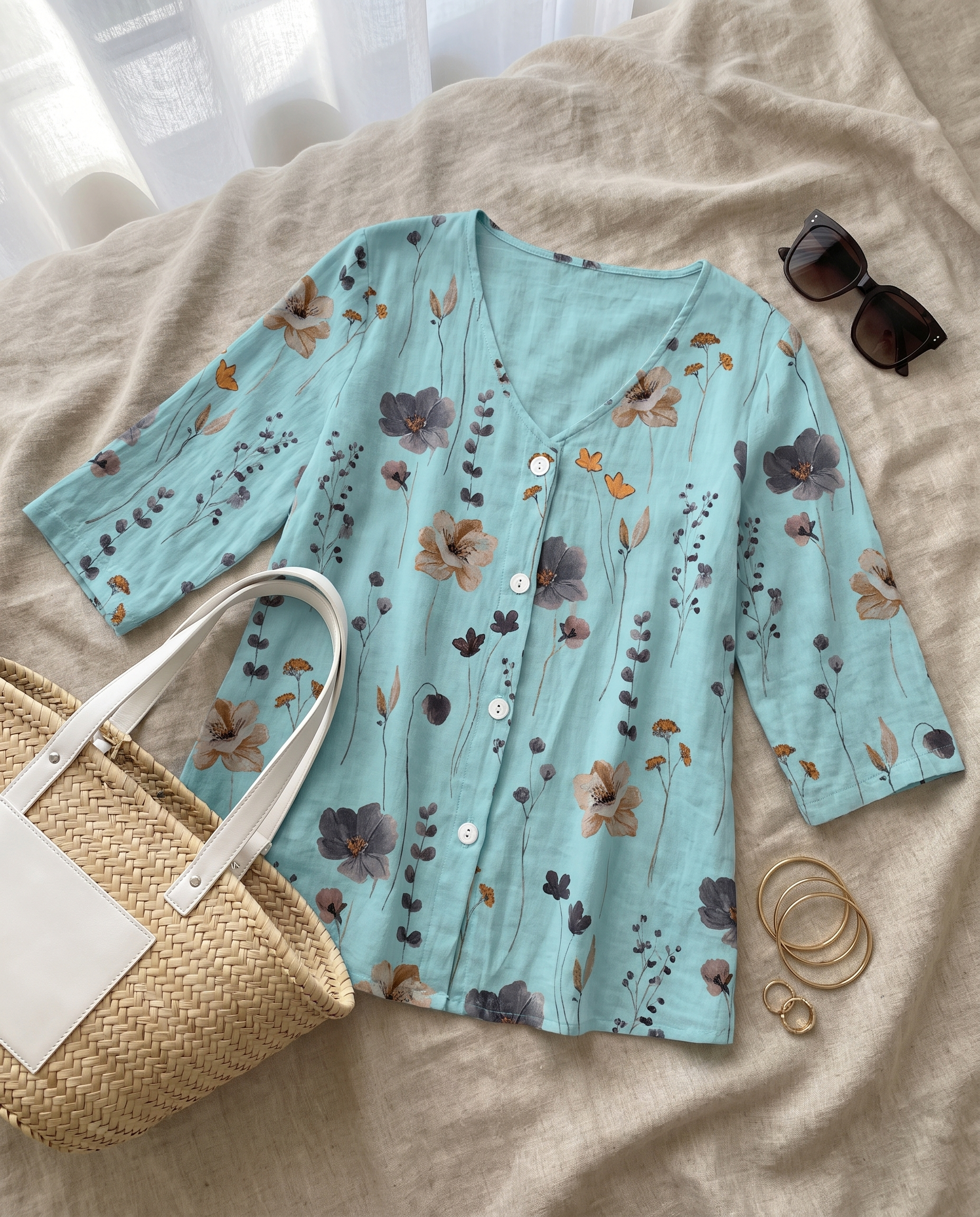 Alisa blouse styled flat-lay with accessories