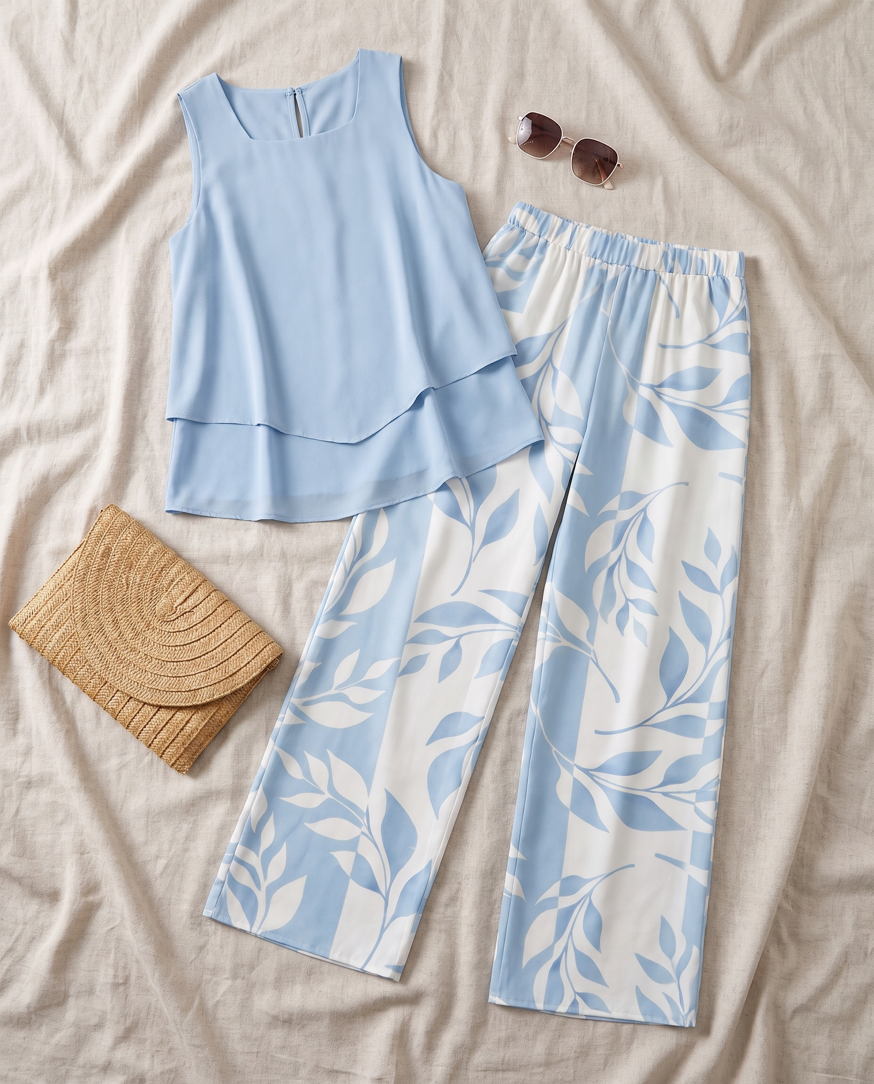 Flat-lay of the Aurelyssa Sky Blossom Set two-piece with straw bag and sunglasses