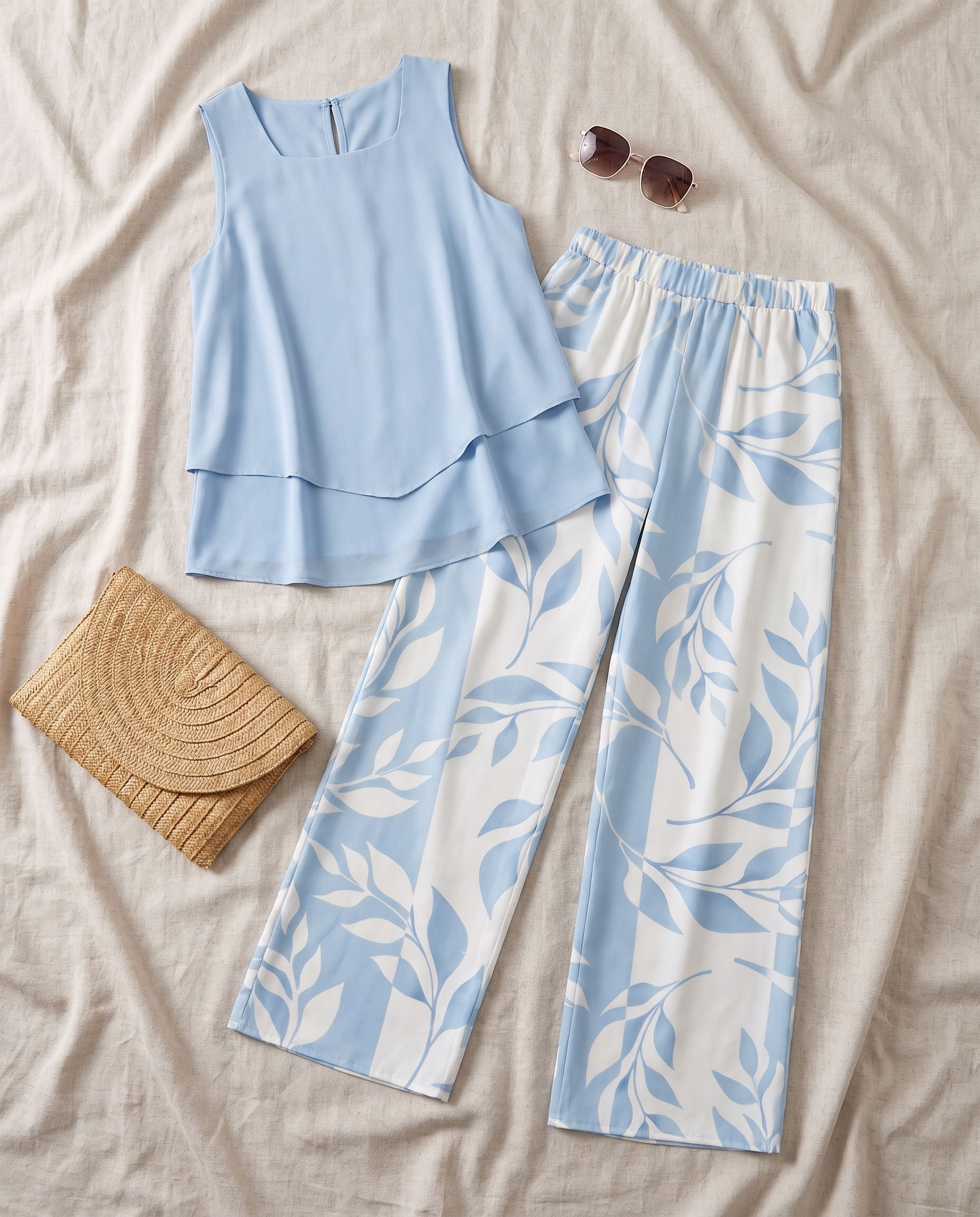 Flat-lay of the Aurelyssa Sky Blossom Set two-piece with straw bag and sunglasses