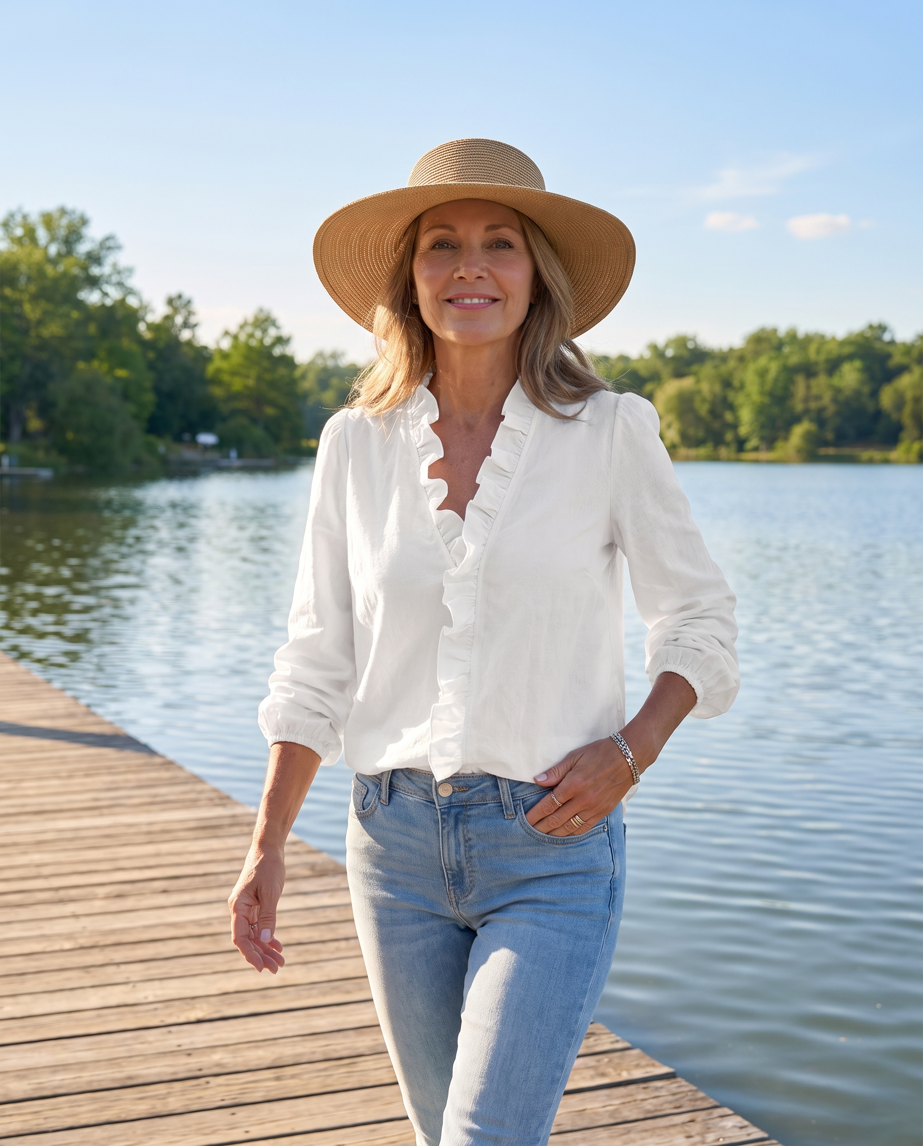 Isadora blouse worn on a lakeside boardwalk