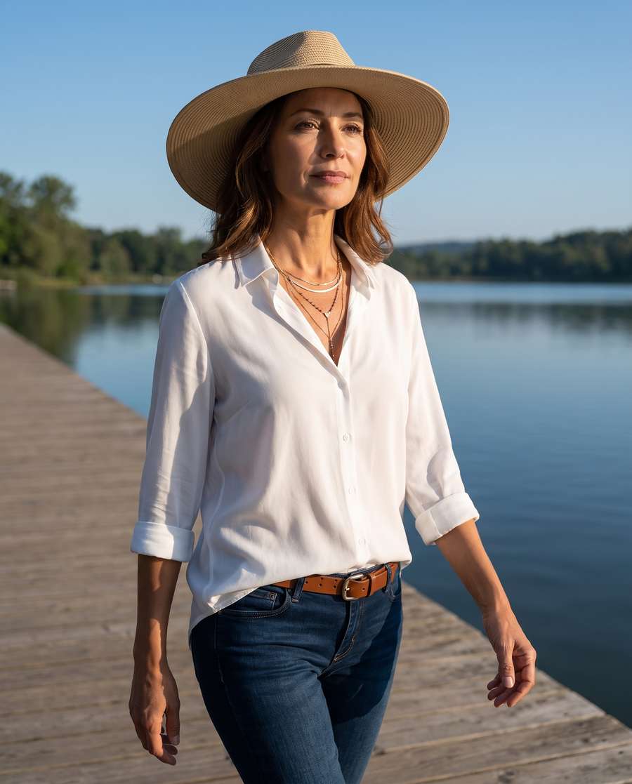 Woman wearing Natalie Elegant Blouse on a waterfront boardwalk