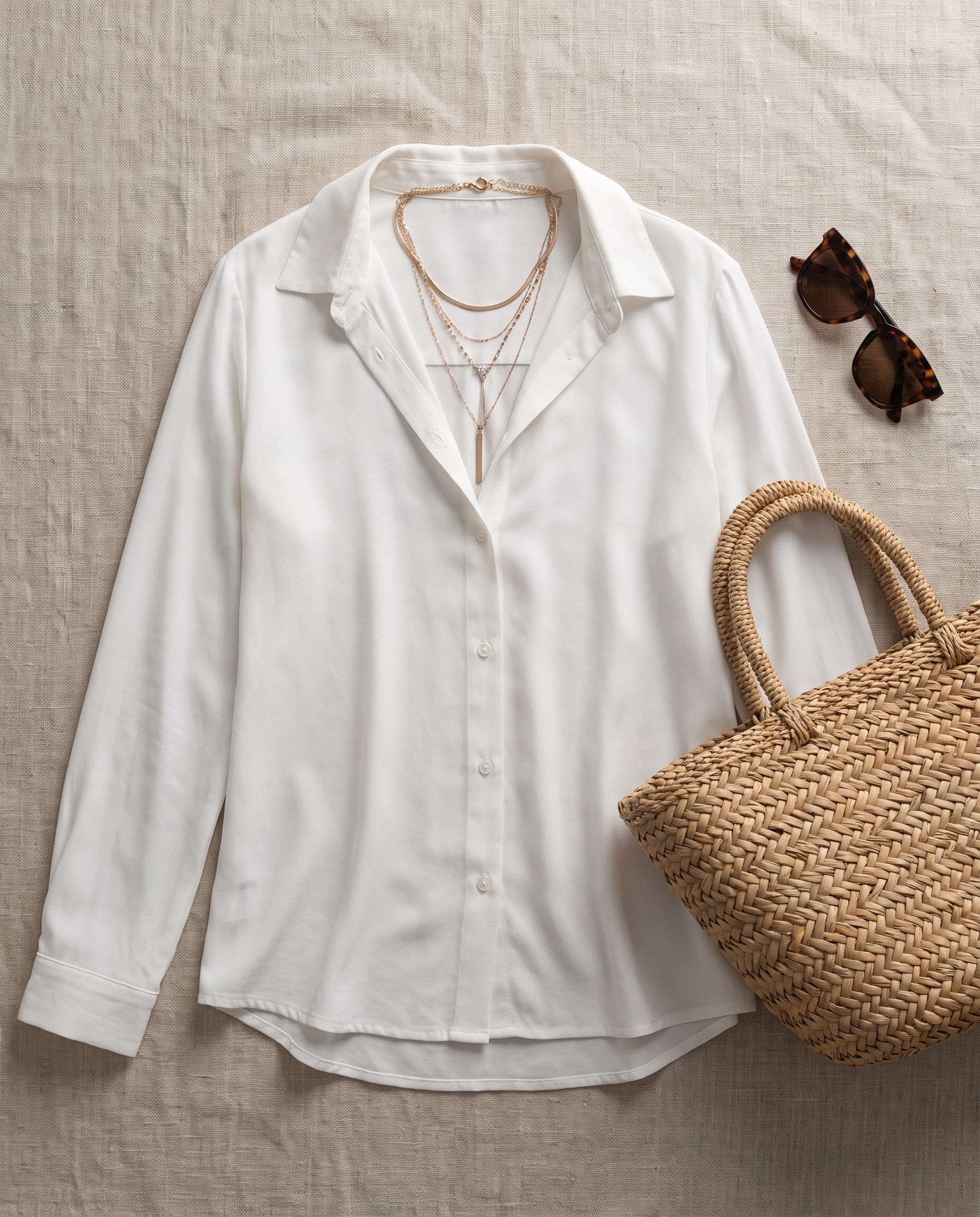 Natalie Elegant Blouse styled flat-lay with straw bag and sunglasses