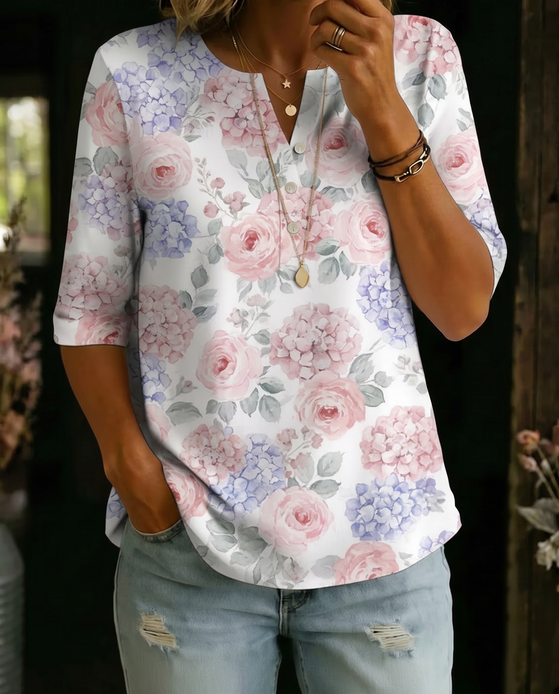 Aaliyah Hydrangea Rose Henley Top - front