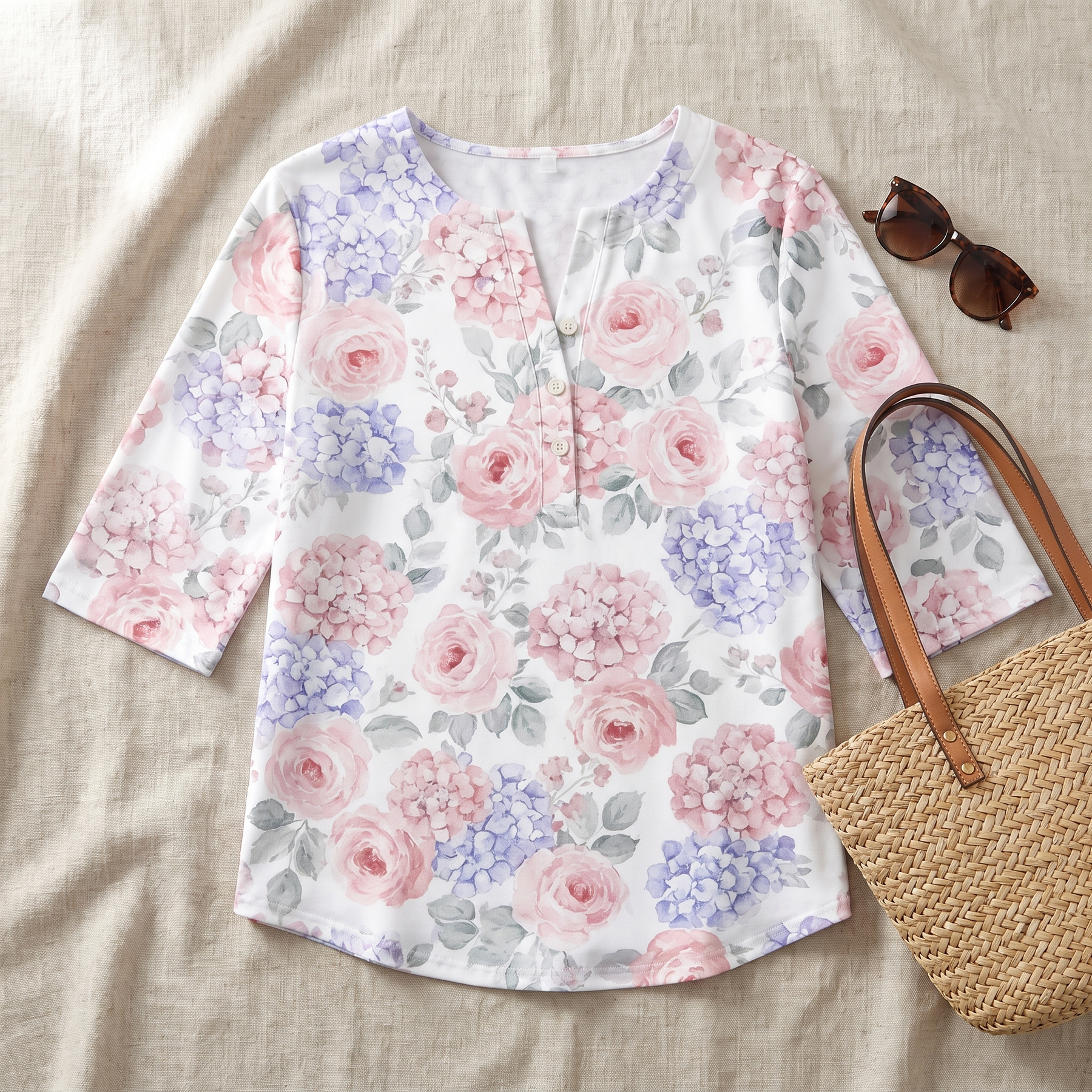 Aaliyah Henley Top flat-lay with summer accessories