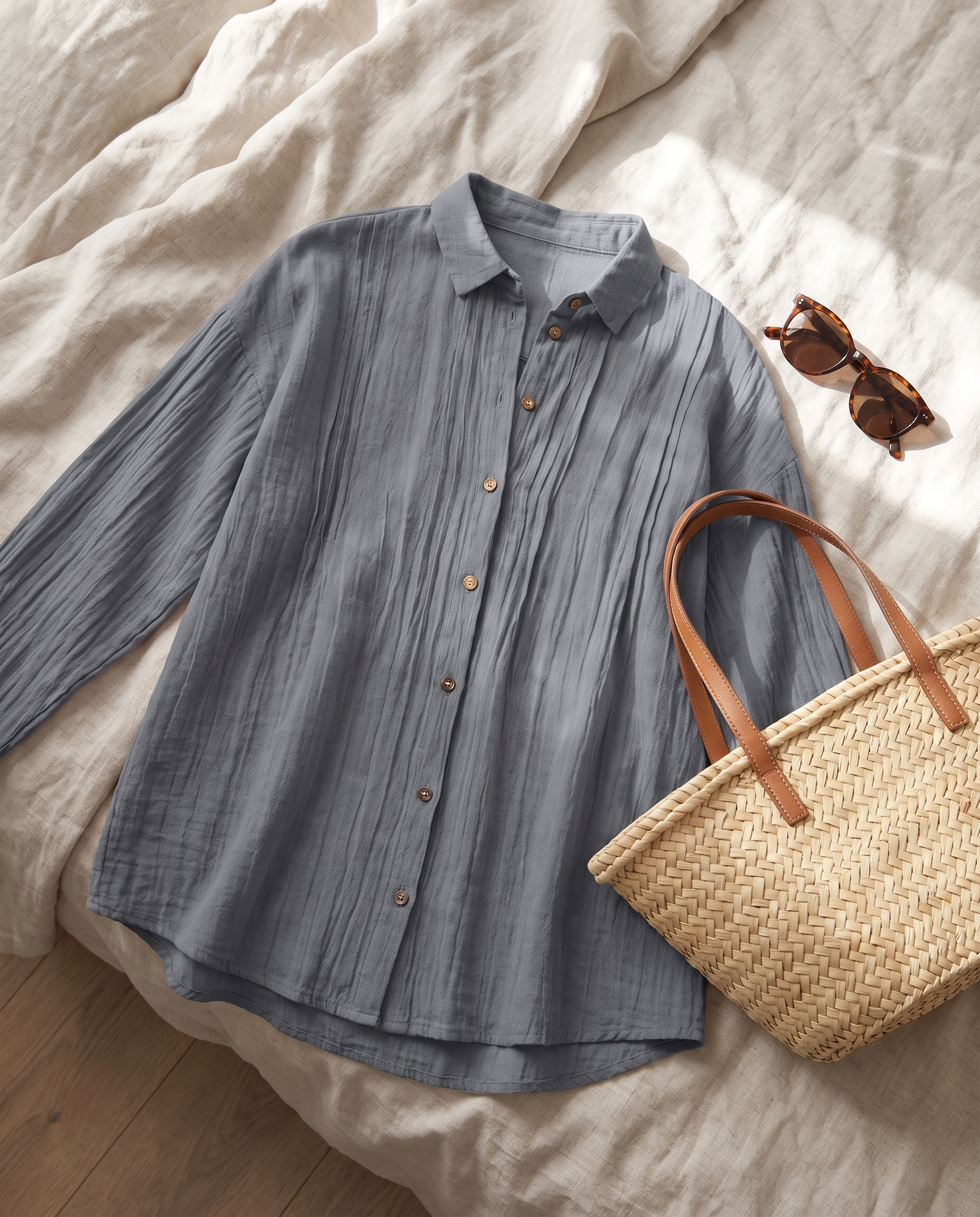 Flat-lay of the Abigail grey pleated blouse styled with a straw bag and sunglasses