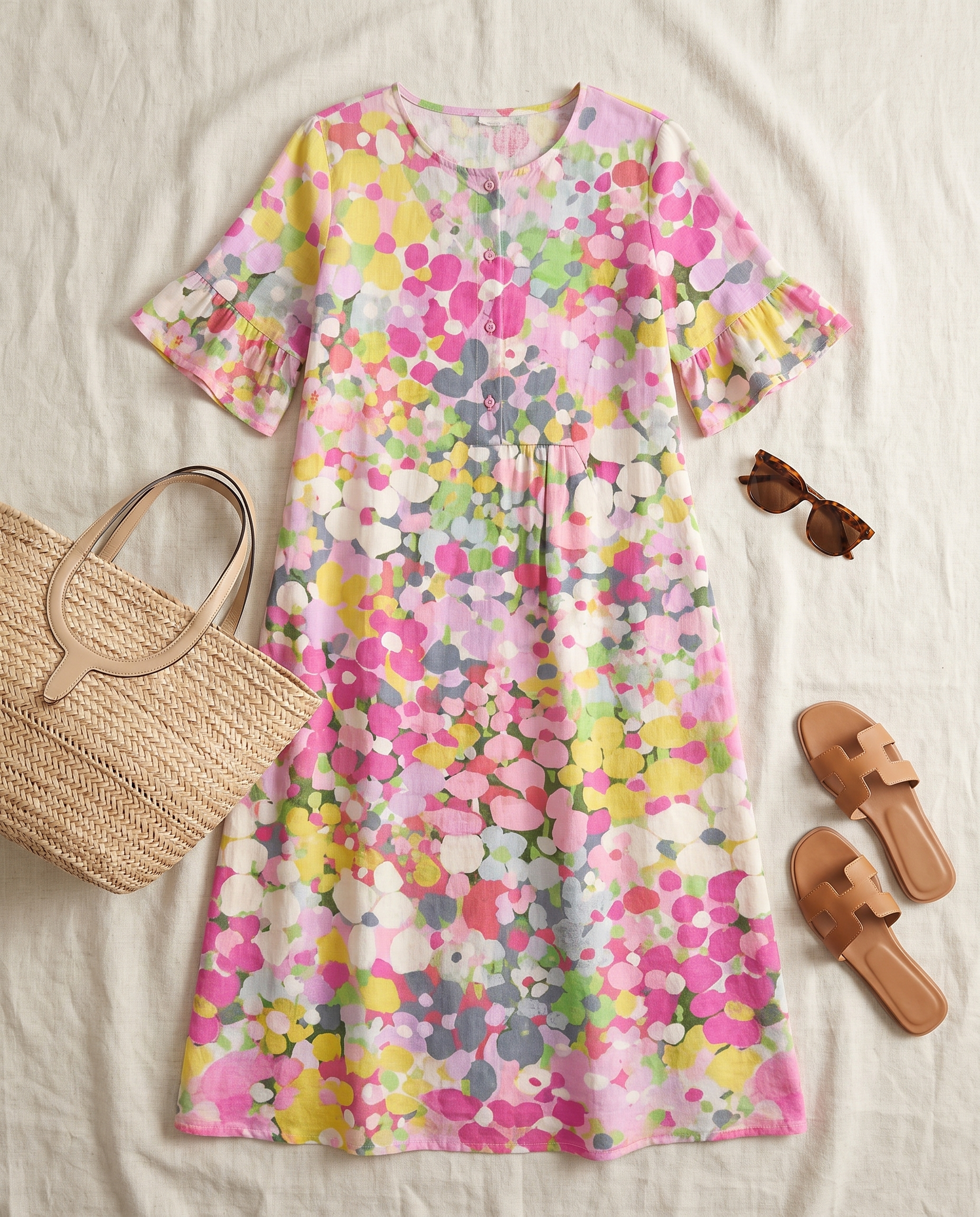 Elena floral midi dress styled flat-lay