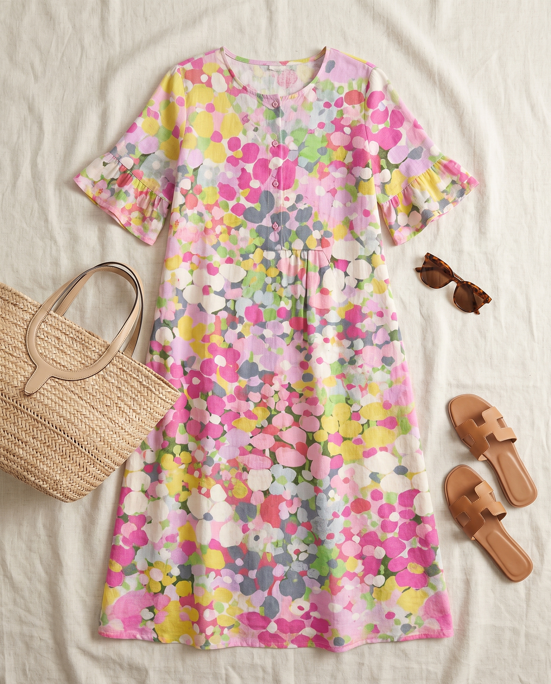 Elena floral midi dress styled flat-lay
