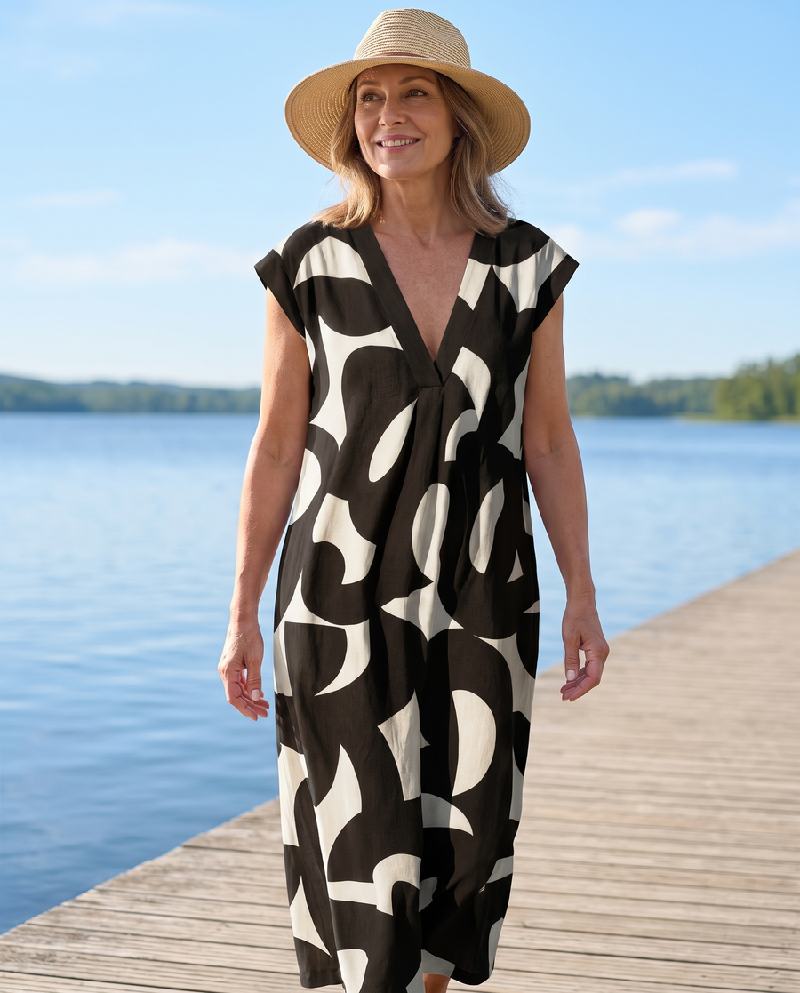 Ella Bold Print Maxi Dress worn at the waterfront