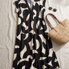 Ella Bold Print Maxi Dress styled flat-lay with straw tote and sunglasses