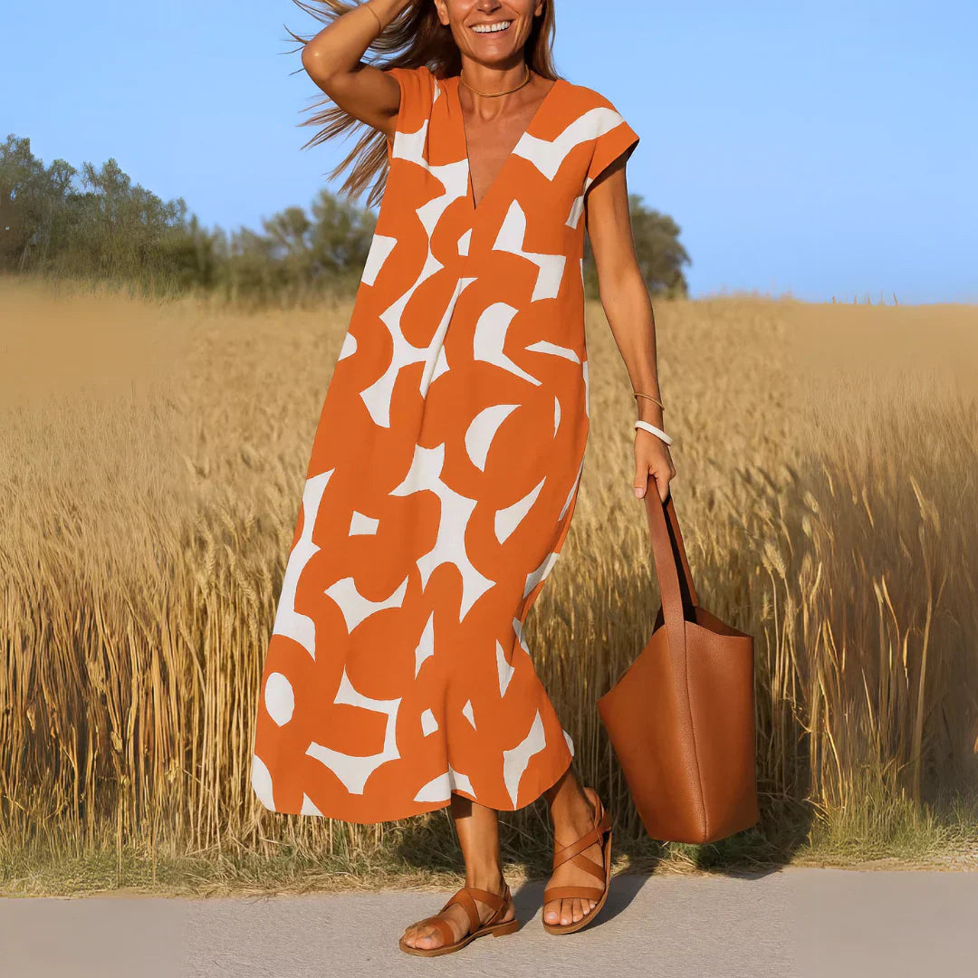Ella Bold Print Maxi Dress in orange